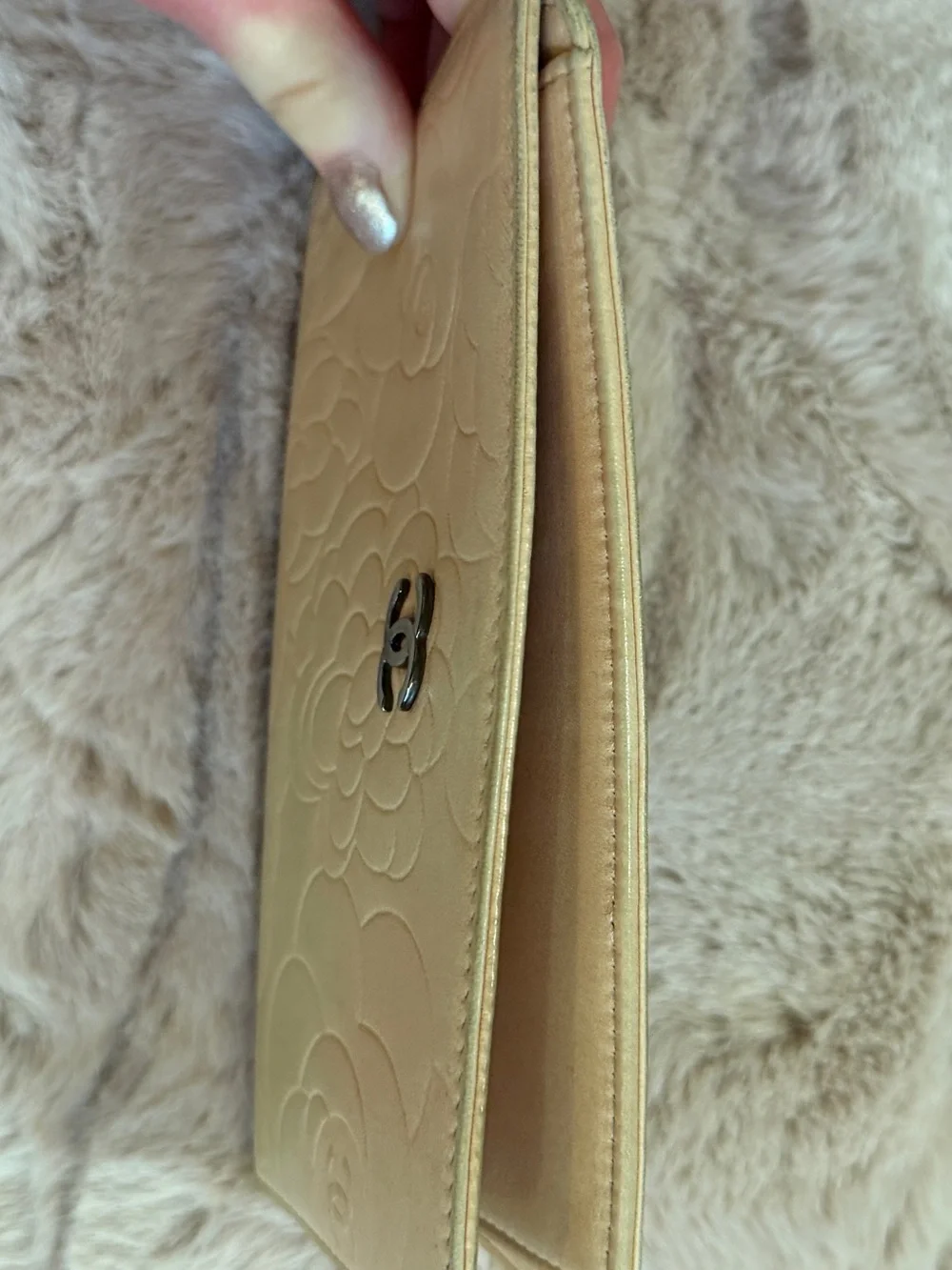 CHANEL Beige Camellia Embossed Leather Wallet with Gold CC